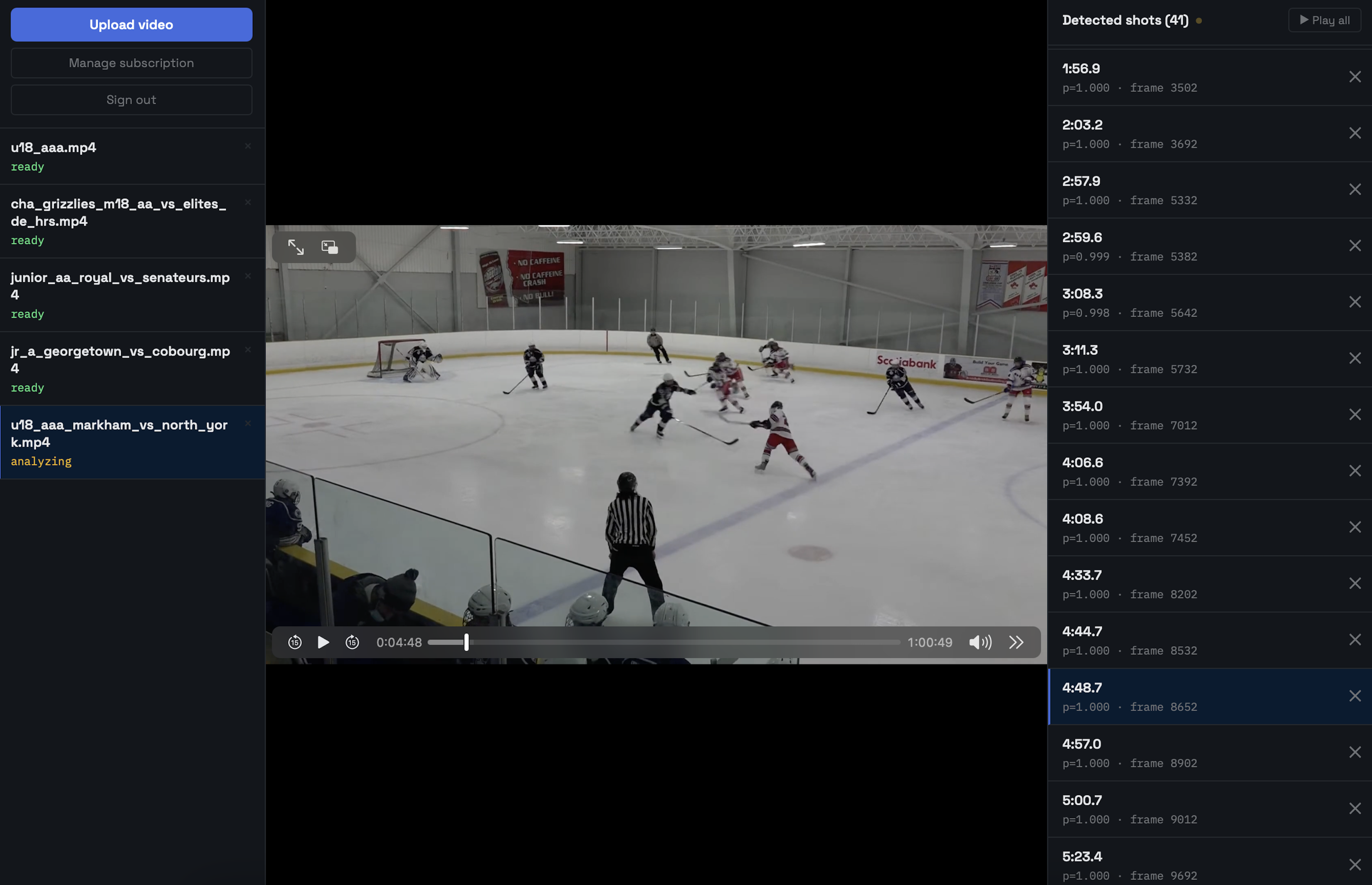 Prism Hockey app showing detected shots alongside game film